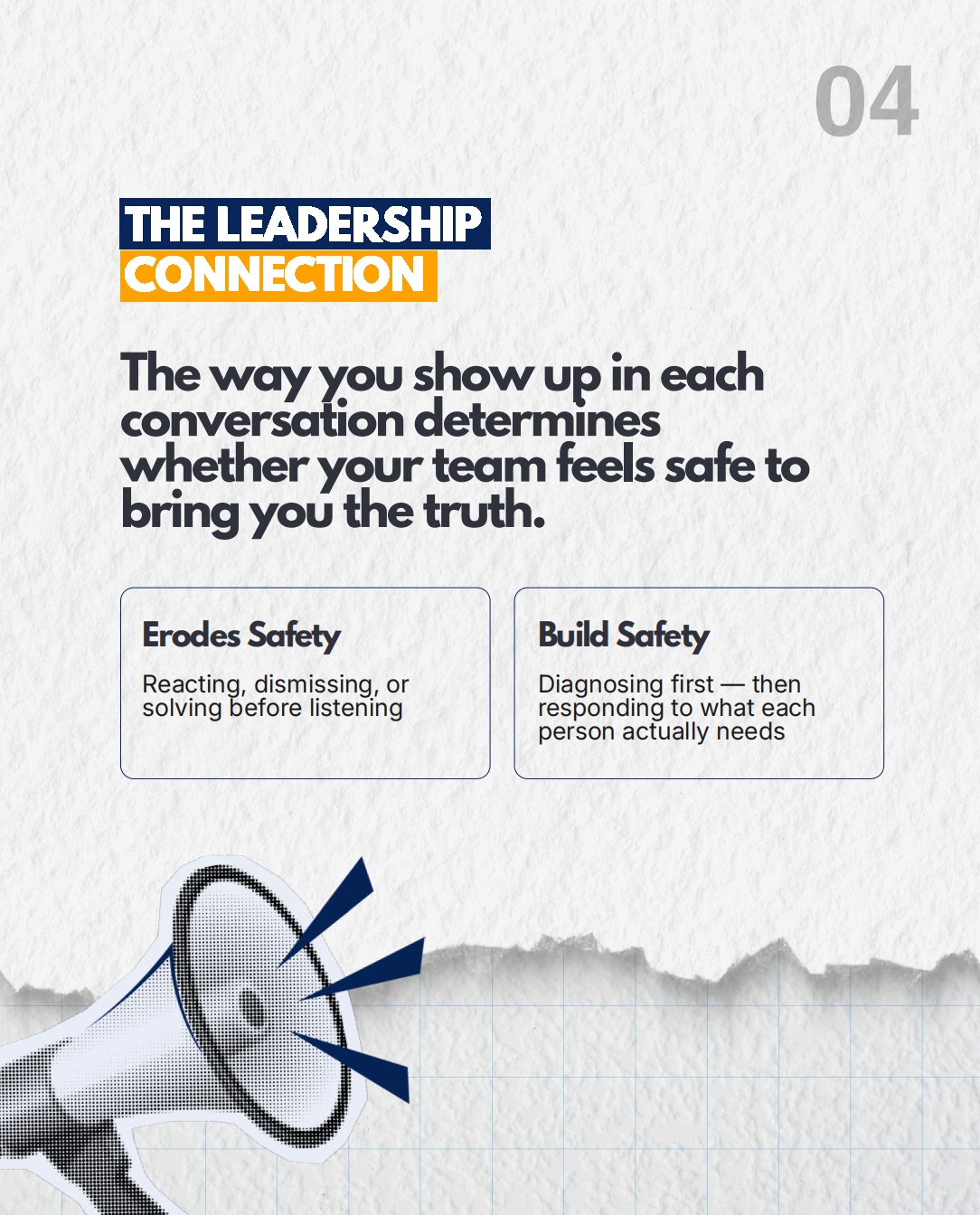 “The Leadership Connection," contrasting behaviors that erode psychological safety with those that build it.